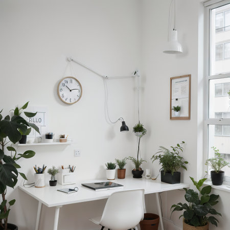 Scandinavian white workspace with plant, bike and modern furnitureの素材
