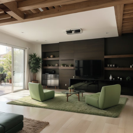 Fantastic modern living room home interior. Dining room. Huge green bright room with modern furniture.の素材