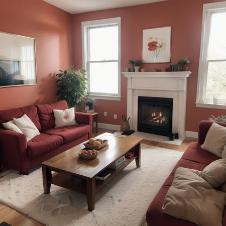 Real photo of warm color cushions on a red couch standing next to the window in cozy living room interiorの素材