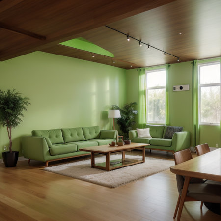 Fantastic modern living room home interior. Dining room. Huge green bright room with modern furniture.の素材