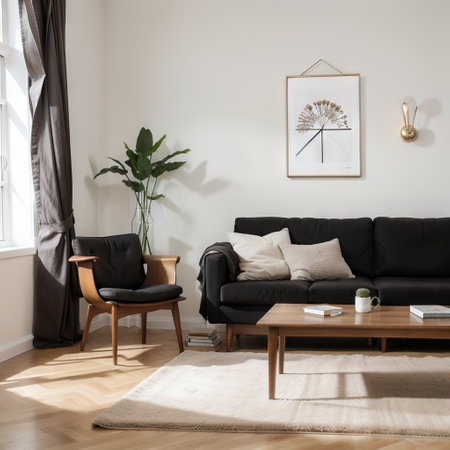 Stylish composition at living room interior with black piano, dried flowers in vase, gold clock, design lamp, boxes, copy space anの素材