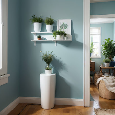 White shelves with decorative potted green plants and vase with dried flowers on blue colored wall in light roomの素材