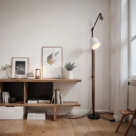 bookshelf on the wall with lamp.の素材