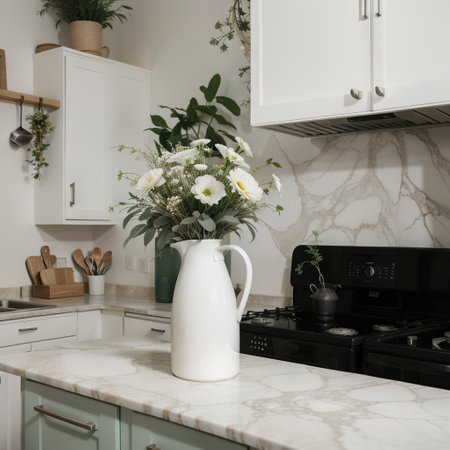 A middle-aged stands in the kitchen with a bouquet of flowの素材