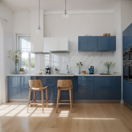 Modern blue kitchen interior with furniture,kitchen interior with white wall.ingの素材