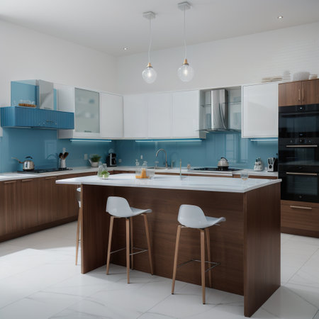 Modern blue kitchen interior with furniture,kitchen interior with white wall.ingの素材