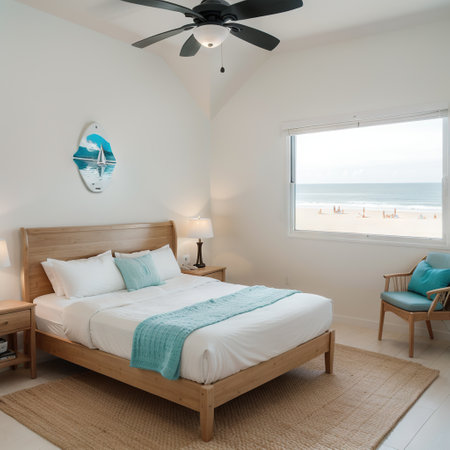 Stylish interior of bedroom with boards for sup surfing near light wallの素材