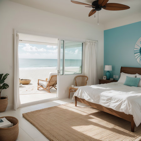 Stylish interior of bedroom with boards for sup surfing near light wallの素材