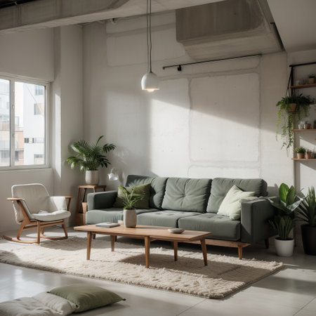 Living room interior in loft apartment with armchair,concrete wall.ingの素材