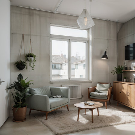 Living room interior in loft apartment with armchair,concrete wall.ingの素材