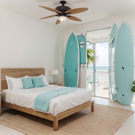 Stylish interior of bedroom with boards for sup surfing near light wallの素材