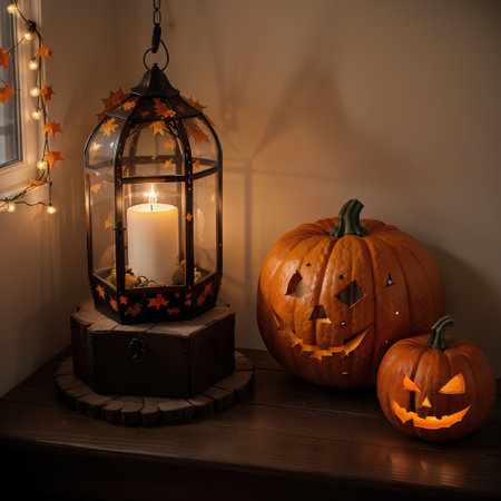 interior of the house decorated for Halloween pumpkins, webs and spidersの素材