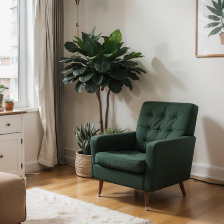 Open space or apartment studio with vintage style interior. Retro design in living room. Old fashionable furniture, armchair and mの素材