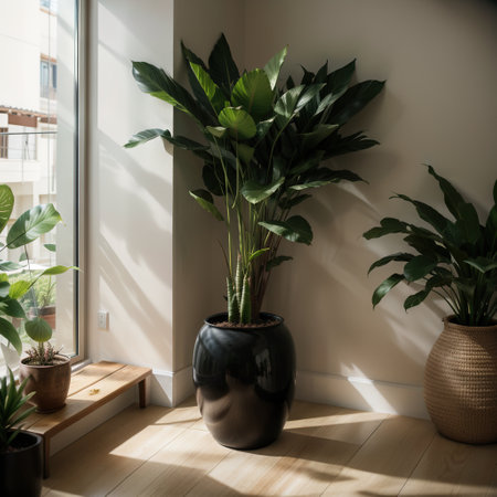 Interior poster in the style of minimalism. Play with shadows and sunlight in a neutral color. A palm leaf in a vase and its shadoの素材