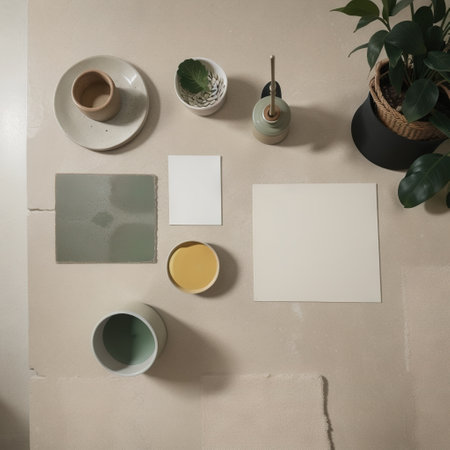 Creative flat lay composition of interior designer moodboard with textile and paint samples, panels and cement tiles. Beige, greyの素材