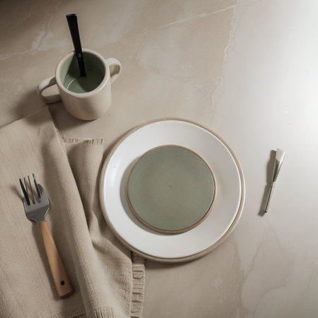 Creative flat lay composition of interior designer moodboard with textile and paint samples, panels and cement tiles. Beige, greyの素材