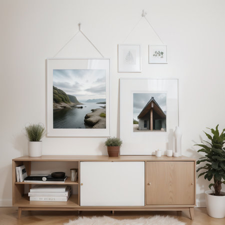 Horizontal picture frame mockup on a wall. Artwork template in interior design.の素材