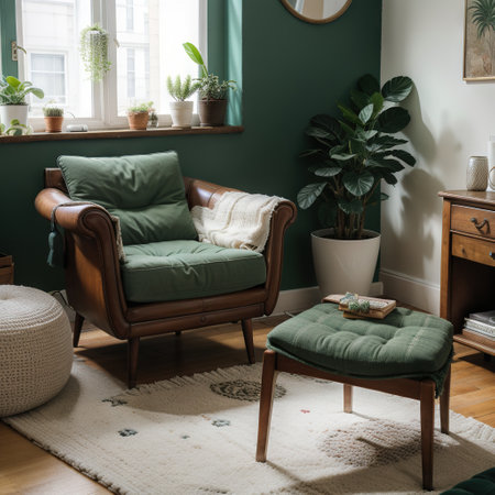 Open space or apartment studio with vintage style interior. Retro design in living room. Old fashionable furniture, armchair and mの素材