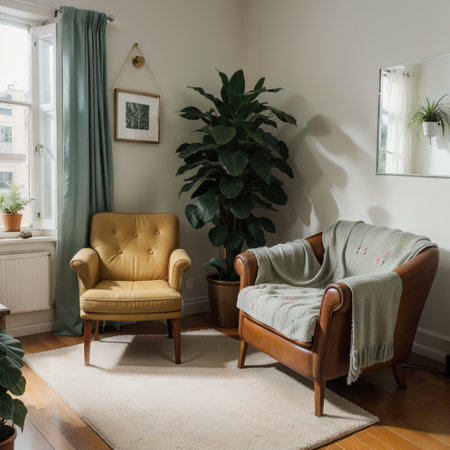 Open space or apartment studio with vintage style interior. Retro design in living room. Old fashionable furniture, armchair and mの素材