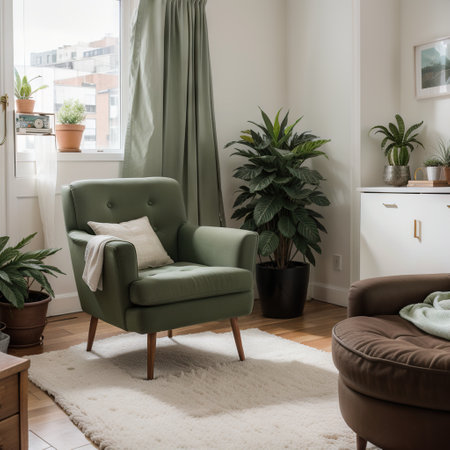 Open space or apartment studio with vintage style interior. Retro design in living room. Old fashionable furniture, armchair and mの素材