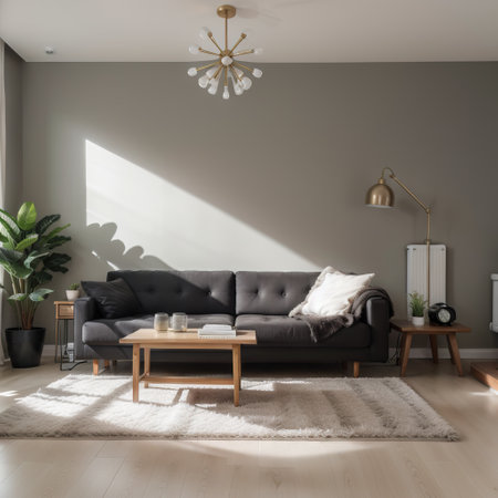 Modern interior design of a living room in an apartment, house, office, comfortable sofa, fresh flowers and bright modern interiorの素材