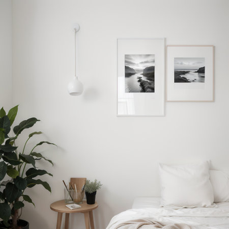 Horizontal picture frame mockup on a wall. Artwork template in interior design.の素材