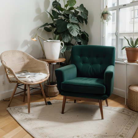 Open space or apartment studio with vintage style interior. Retro design in living room. Old fashionable furniture, armchair and mの素材