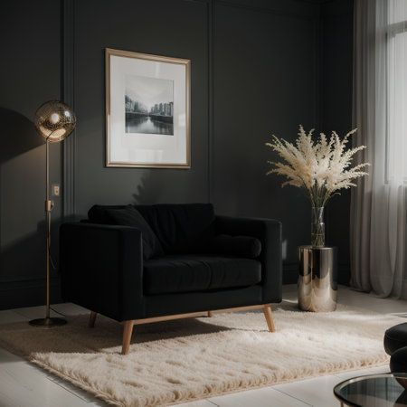 Mock-up frame in dark home interior with armchair and branch in vase,の素材