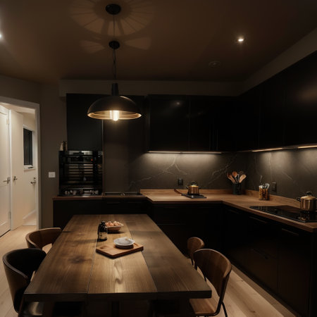 modern luxury kitchen black golden tone with wooden tabletop space for display or montage your products.の素材