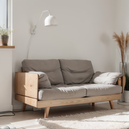Wooden table near beige sofa in minimal living room interior with grey lamp. Real photoの素材