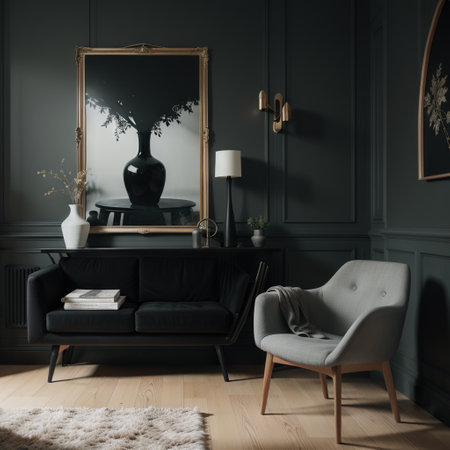 Mock-up frame in dark home interior with armchair and branch in vase,の素材