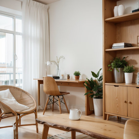 Empty wooden table, desk or shelf with blurred view of scandinavian living room, rattan armchairs, curtains, potted plants and decの素材
