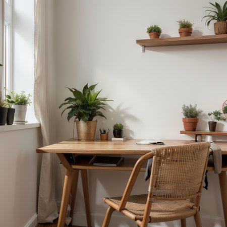 Empty wooden table, desk or shelf with blurred view of scandinavian living room, rattan armchairs, curtains, potted plants and decの素材