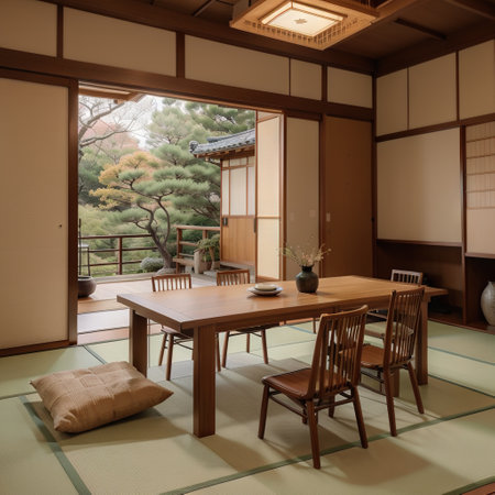 interior design,modern living area and dining area with table,wood floor and tatami mat and traditional Japanese door ,was designeの素材