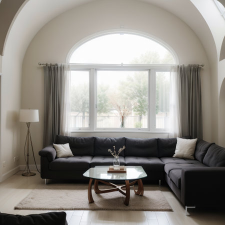 Comfortable sofa with soft cushions loed under stylish celier in spacious light living room with archの素材