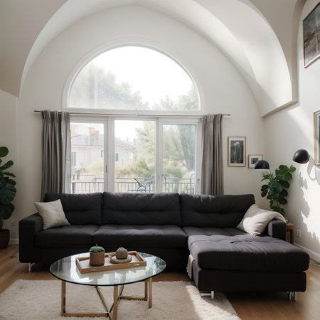 Comfortable sofa with soft cushions loed under stylish celier in spacious light living room with archの素材
