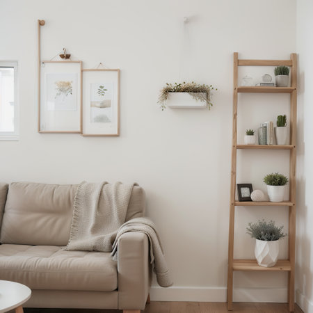 Simple and bright living room with mock up poster frame, shelf, ladder, dried flowers in vase, book, decoration and personal accesの素材