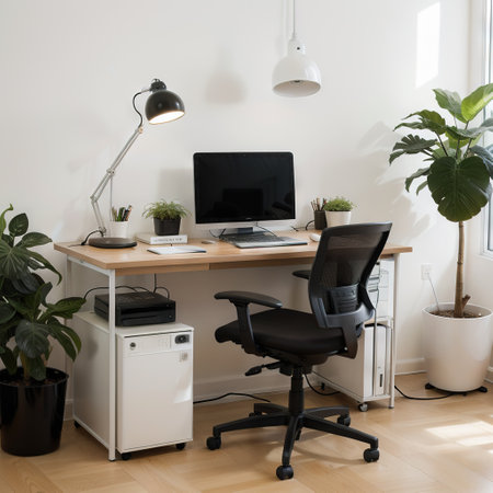 Modern home office interior. Remote workplace with desk, chair, computer and potted plants. Front view of empty working place withの素材