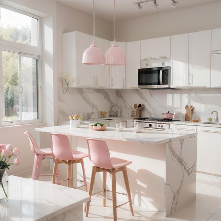 White marble kitchen tabletop with empty space for your product display over blurred beautiful pastel pink kitchen room in the bacの素材