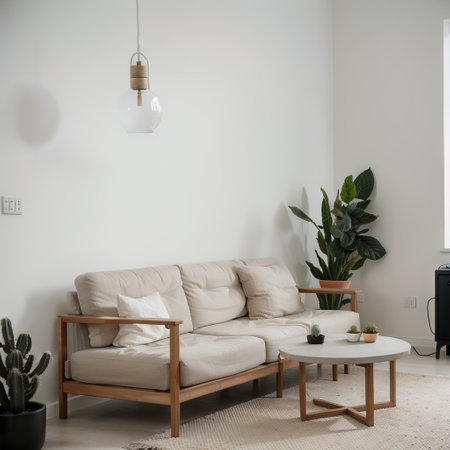 Indoor plant on wooden coffee table and small sofa with empty white concrete wall background, Relaxing area near door in bright liの素材