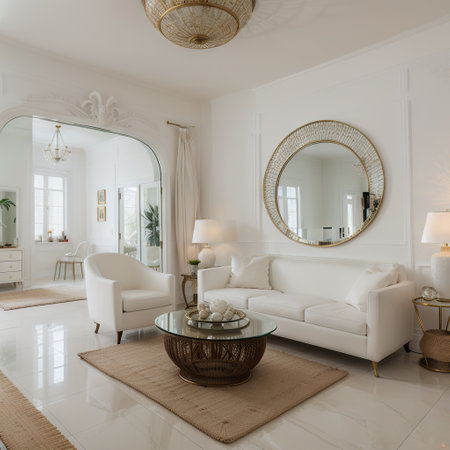 Light room interior with large mirror, beautiful pictures and pouf near wallの素材