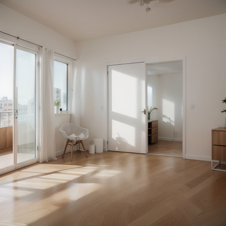 Mock-up of white empty room and wood laminate floor with sun light cast the shadow on the wall,Perspective of minimal interior desの素材