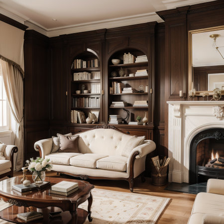 Luxury classic interior of home library. Sitting room with bookshelf, books, arm chair, sofa and fireplace. Clean and modern decorの素材