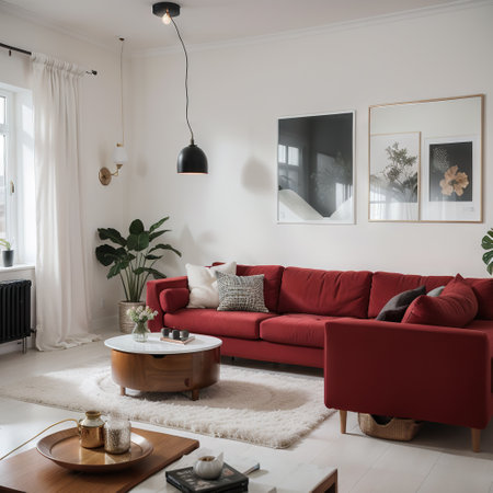Home interior mock-up with red sofa, coffee table, lamp and decor in living room, ingの素材