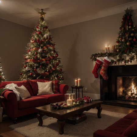 interior christmas. magic glowing tree, fireplace and giftsの素材