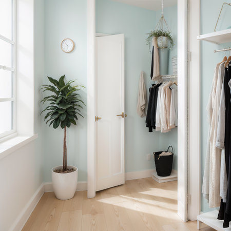 Clothes on a hanger, storage shelf in pastel blue background. Collection of clothes hanging on rack, plants and door concept.  conの素材