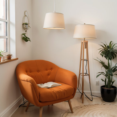 Concept of vintage armchair and old home decor in apartment. Vertical view of retro style orange chair stand against copy space waの素材