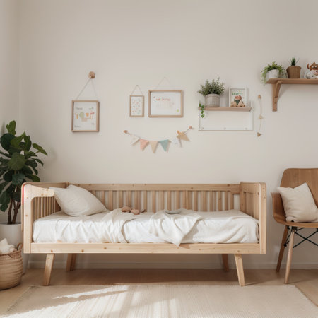 Mock up frame in children room with natural wooden furniture,の素材