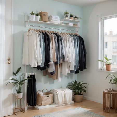 Clothes on a hanger, storage shelf in pastel blue background. Collection of clothes hanging on rack, plants and door concept.  conの素材