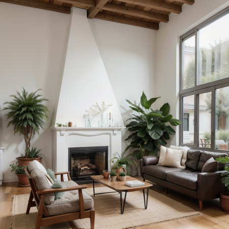 Comfort armchairs near wooden table against decorative fireplace, couch, houseplants and home decor in fancy apartment. Elegant liの素材